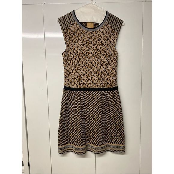 Nanette Lepore Beige Black Tan Printed Sleeveless Knit Dress Size Small - Picture 3 of 9